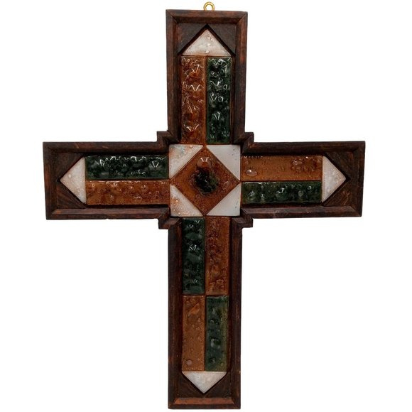 Vintage Wood Glass Wall Cross Yellow Green 19 Inch Large Handmade Arts Crafts St